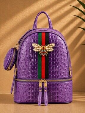 Purple Textured Backpack and Wallet Set with Bee Accent